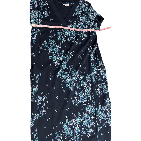 J.Jill Fit Navy Blue Teal Floral French Terry V-Neck Pocket Dress Small Tall - Picture 5 of 5